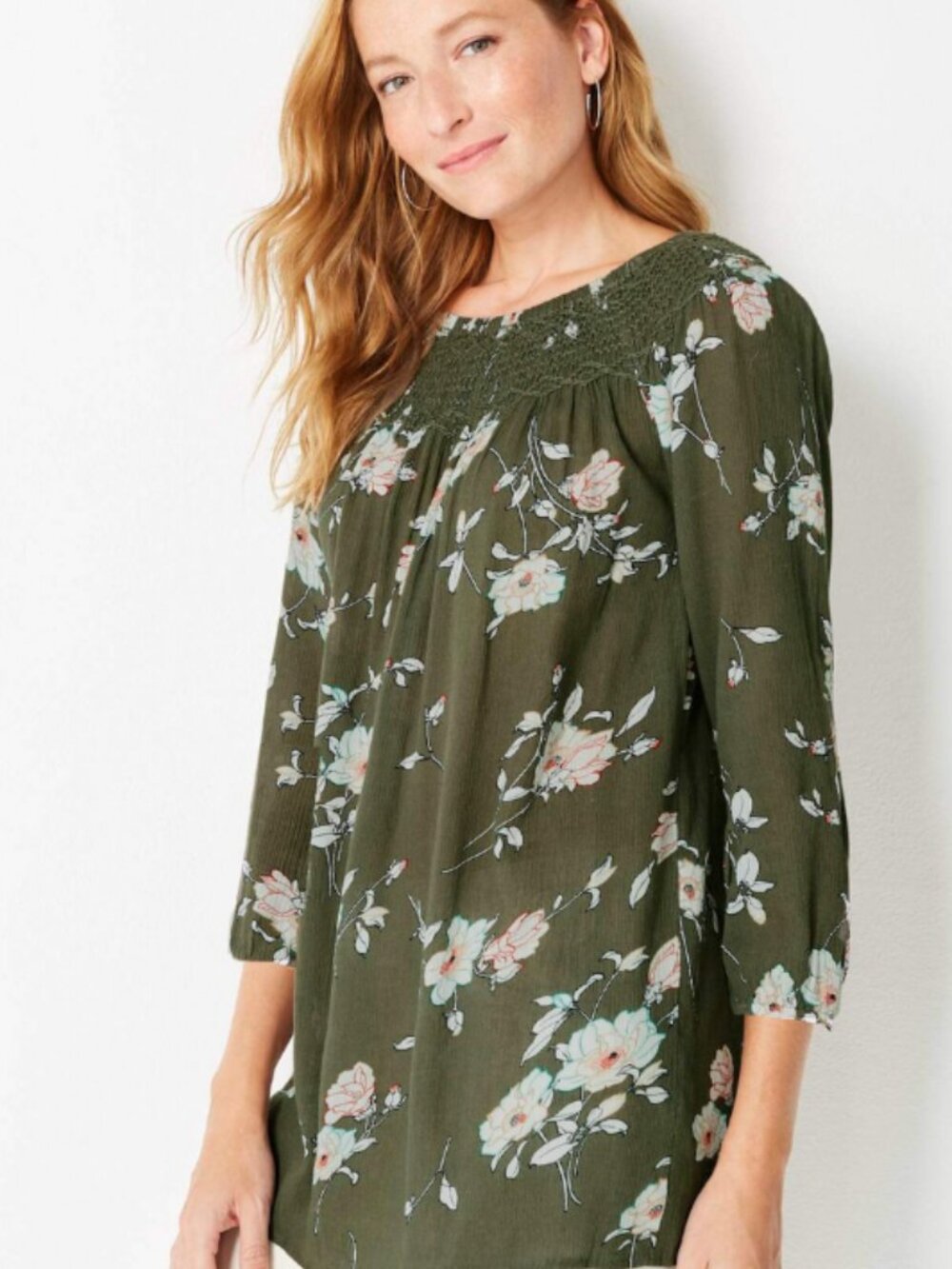 J. Jill Olive Green Floral Smocked Flowy Cotton Tunic Granola Girl Cottagecore L